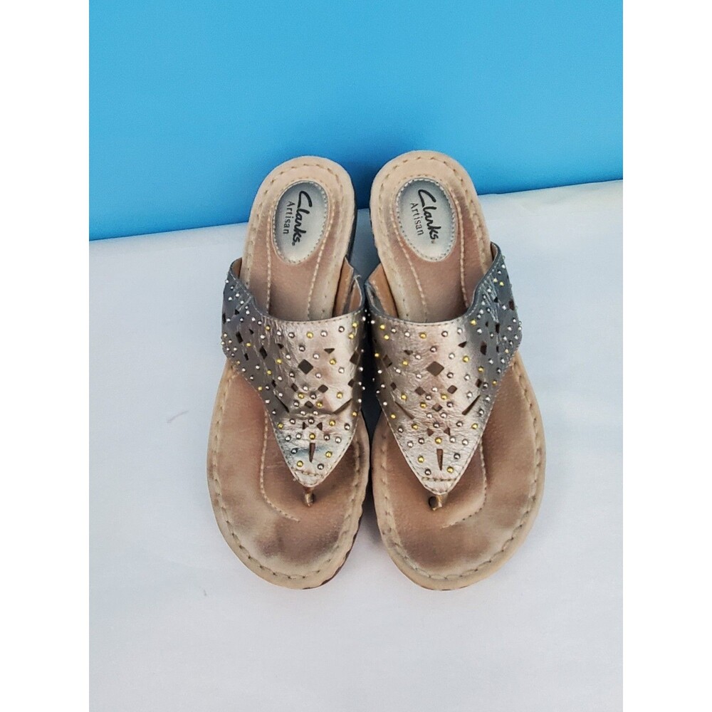 Clarks Artisan Leather Slide Sandals Studded Cutout Low Wedge Mules Womens Size